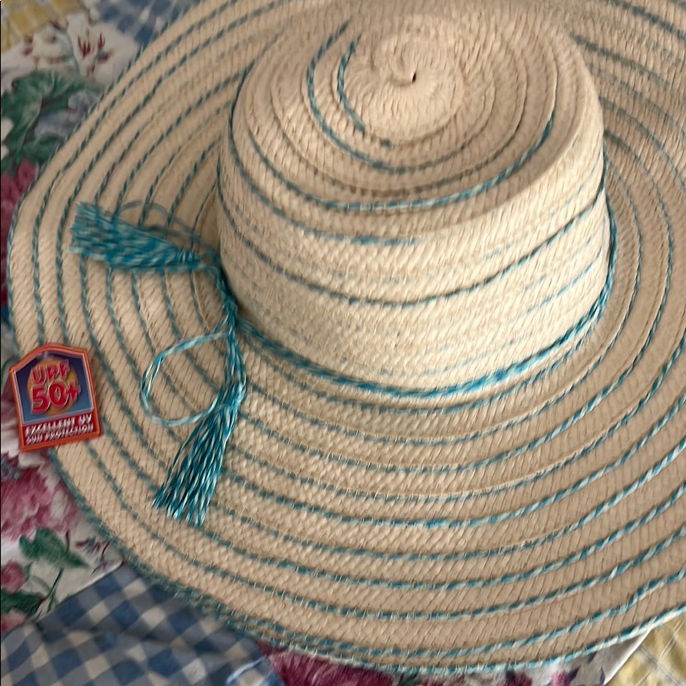 Beige and Blue Striped Sun Hat with UV protection